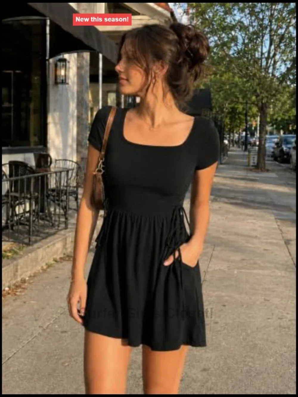 Square Neck Mini Sundress with Pockets Short Sleeve A-Line